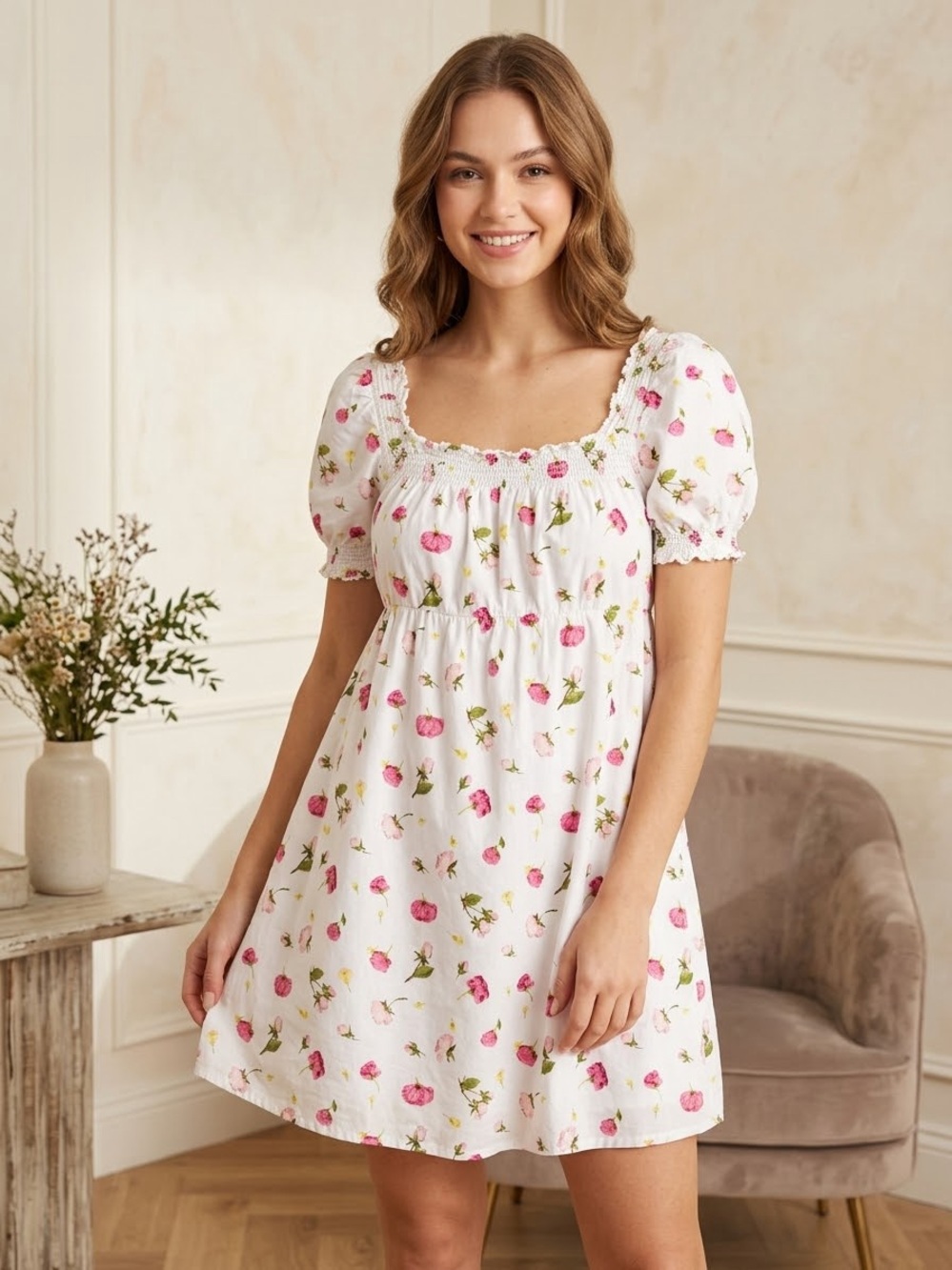 J.Crew Women's Smocked Puff Sleeve Mini Dress M White Pink Rose Floral Cotton